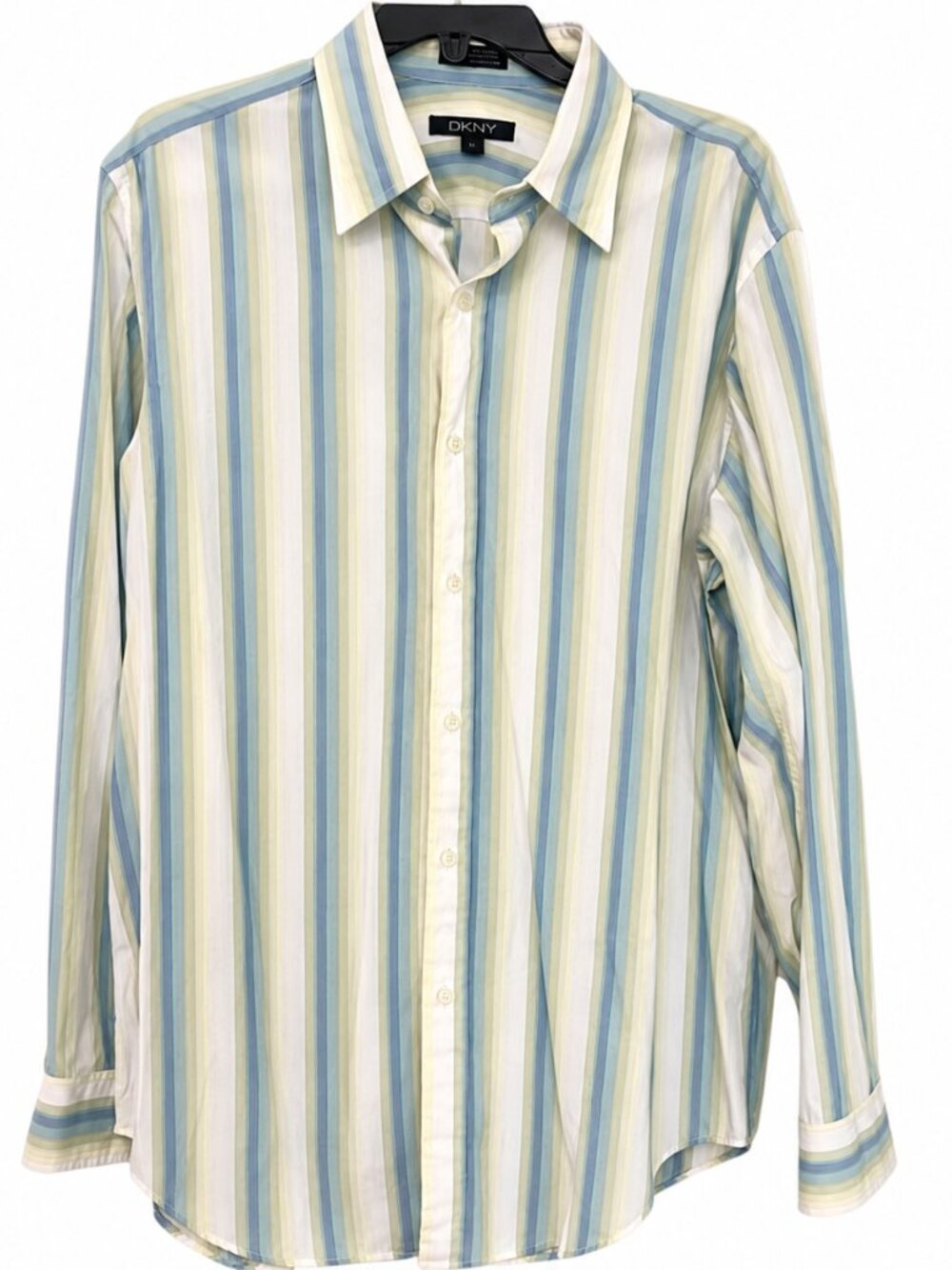 DKNY Men’s Striped Classic Cut Dress Shirt Blue Green White Size XL 100% Cotton - Picture 2 of 6